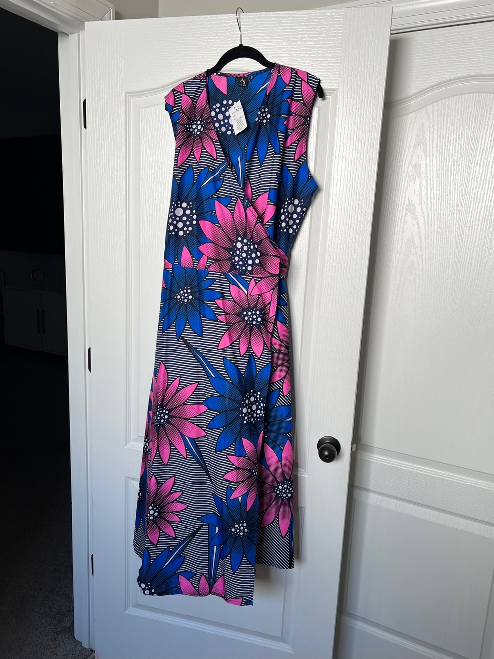 Sleeveless Floral Midi Wrap Dress in Blue and Pink